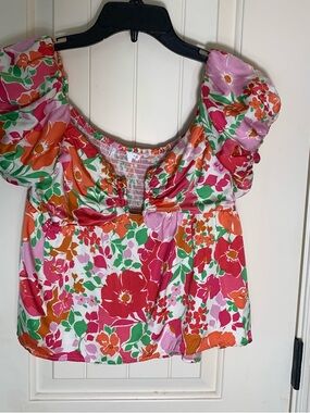 Floral Puff-Sleeve Blouse in Pink, Red & Green Brand Unknown